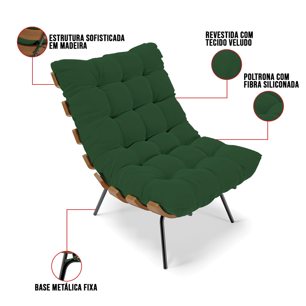 Kit 01 Poltrona e 01 Puff Costela Veludo Verde Base Metálica Preto - D'Rossi