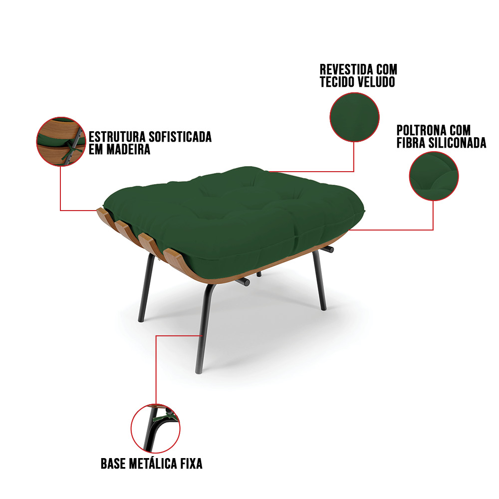 Kit 01 Poltrona e 01 Puff Costela Veludo Verde Base Metálica Preto - D'Rossi