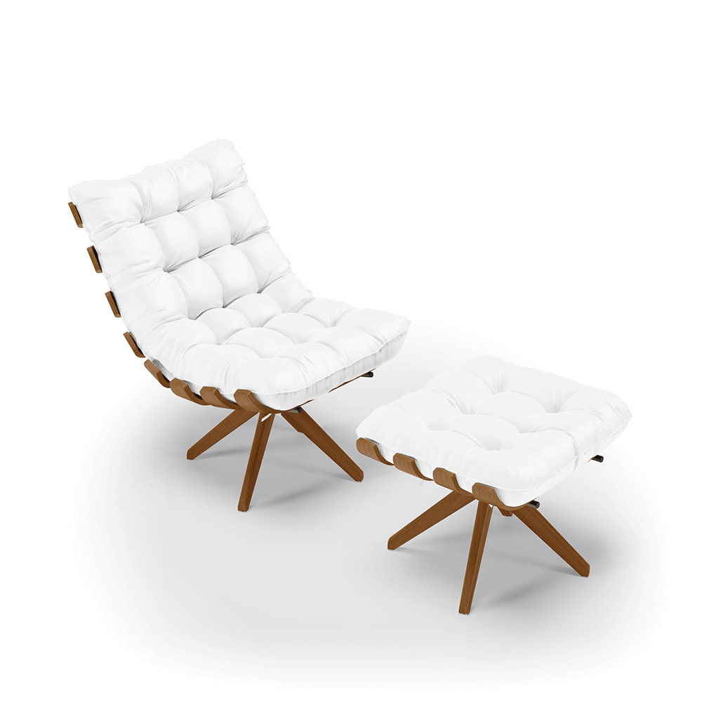 Kit 01 Poltrona e 01 Puff Giratório Costela Corino Branco Base Madeira MA25 - D'Rossi