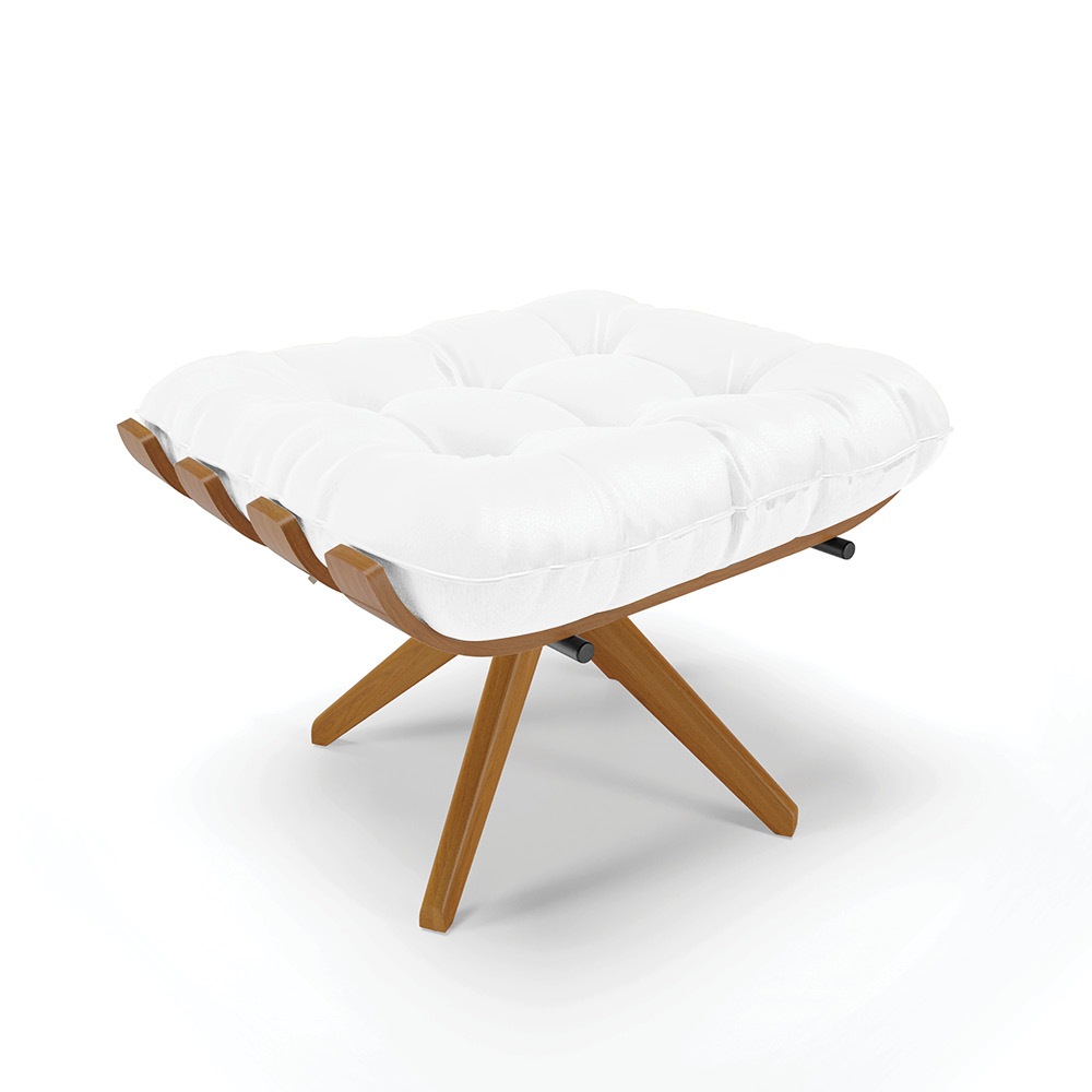 Kit 01 Poltrona e 01 Puff Giratório Costela Corino Branco Base Madeira MA25 - D'Rossi