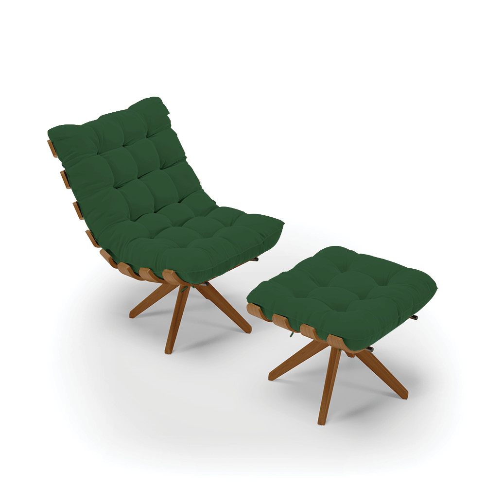 Kit 01 Poltrona e 01 Puff Giratório Costela Veludo Verde Base Madeira MA25 - D'Rossi