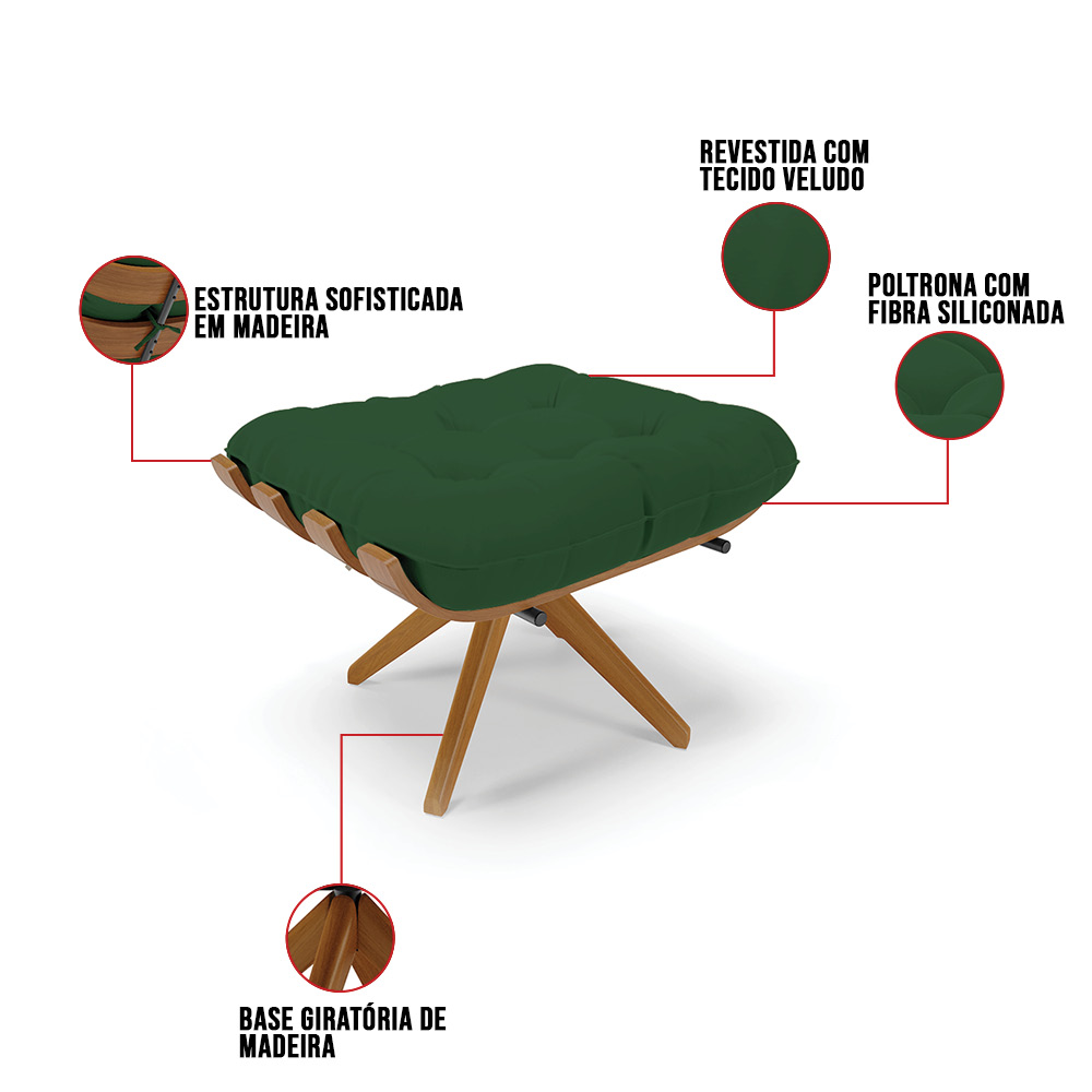 Kit 01 Poltrona e 01 Puff Giratório Costela Veludo Verde Base Madeira MA25 - D'Rossi