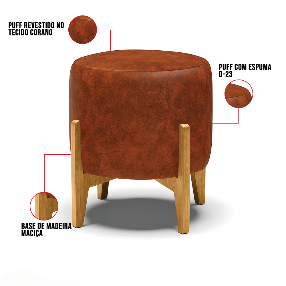 Kit 01 Poltrona e 01 Puff Stella Corano Base Madeira Castanho - D'Rossi