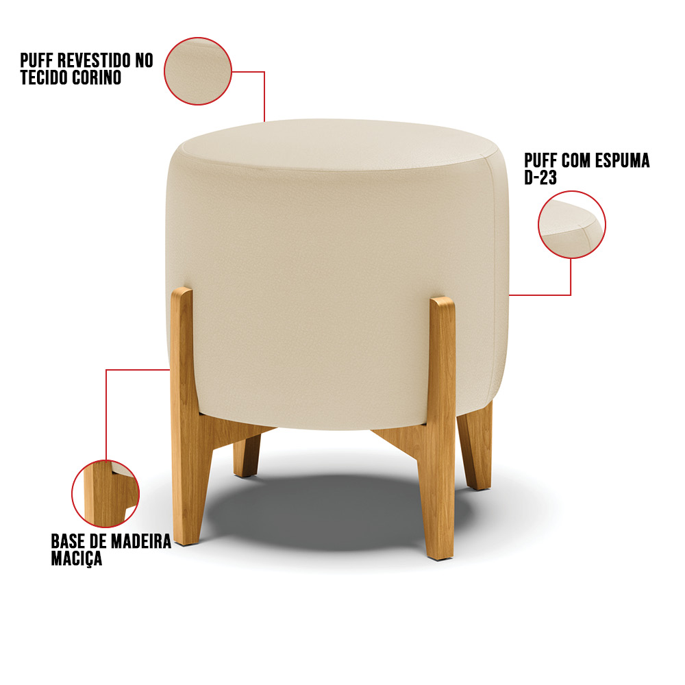 Kit 01 Poltrona e 01 Puff Stella Corino Base Madeira Castanho - D'Rossi