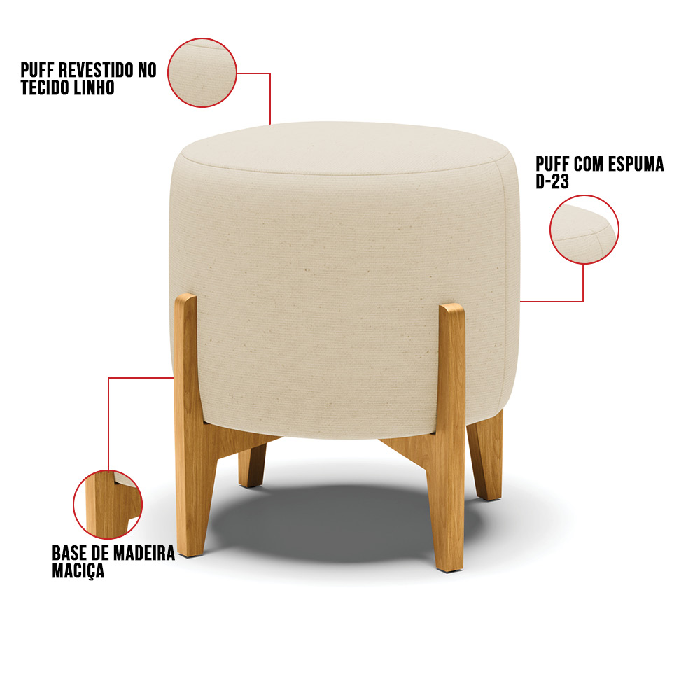 Kit 01 Poltrona e 01 Puff Stella Linho Base Madeira Castanho - D'Rossi