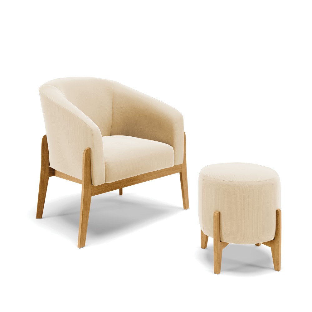 Kit 01 Poltrona e 01 Puff Stella Suede Base Madeira Castanho - D'Rossi