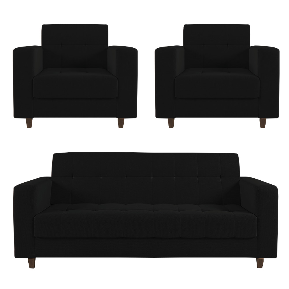 Kit 01 Sofá 3 Lugares e 02 Poltronas Arezzo Linho Preto A79 Pés Chanfrado Tabaco - D'Rossi