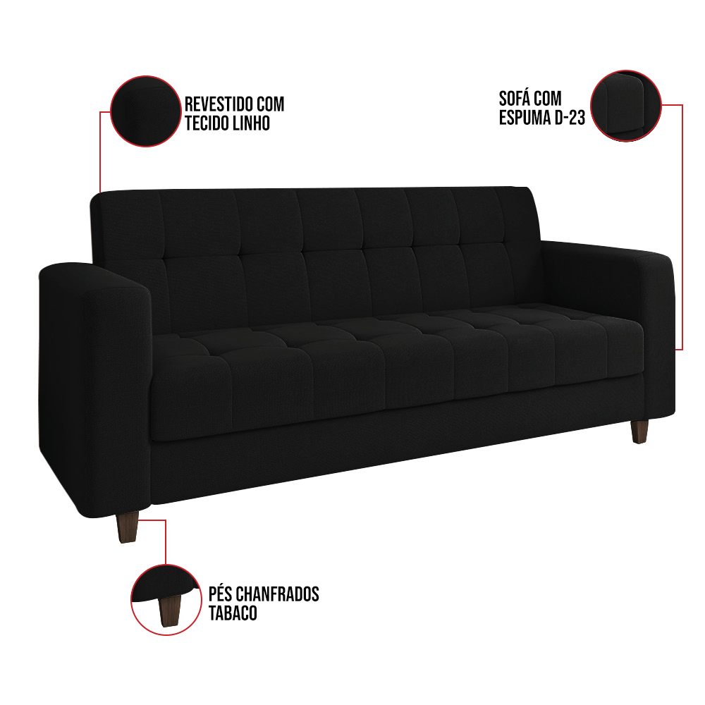 Kit 01 Sofá 3 Lugares e 02 Poltronas Arezzo Linho Preto A79 Pés Chanfrado Tabaco - D'Rossi