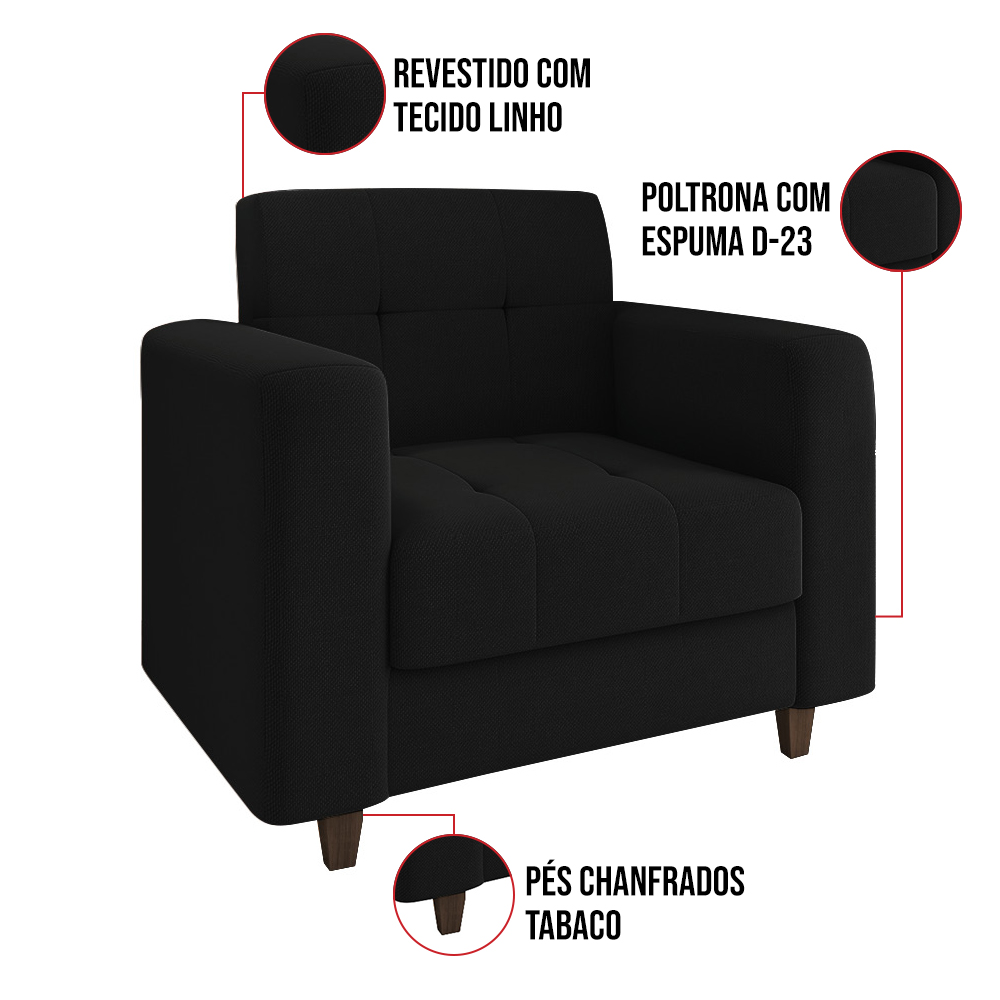 Kit 01 Sofá 3 Lugares e 02 Poltronas Arezzo Linho Preto A79 Pés Chanfrado Tabaco - D'Rossi
