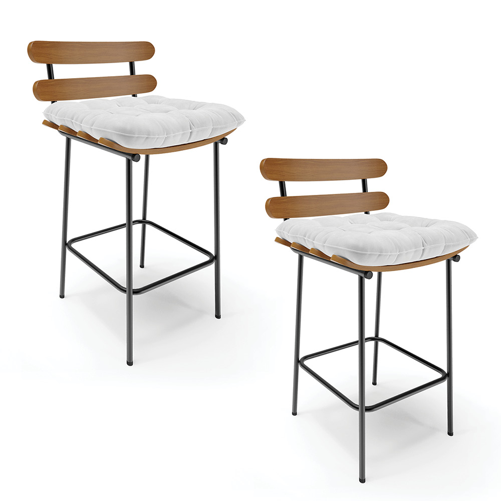 Kit 02 Banquetas Costela Corano Branco Base Metálica Preto - D'Rossi