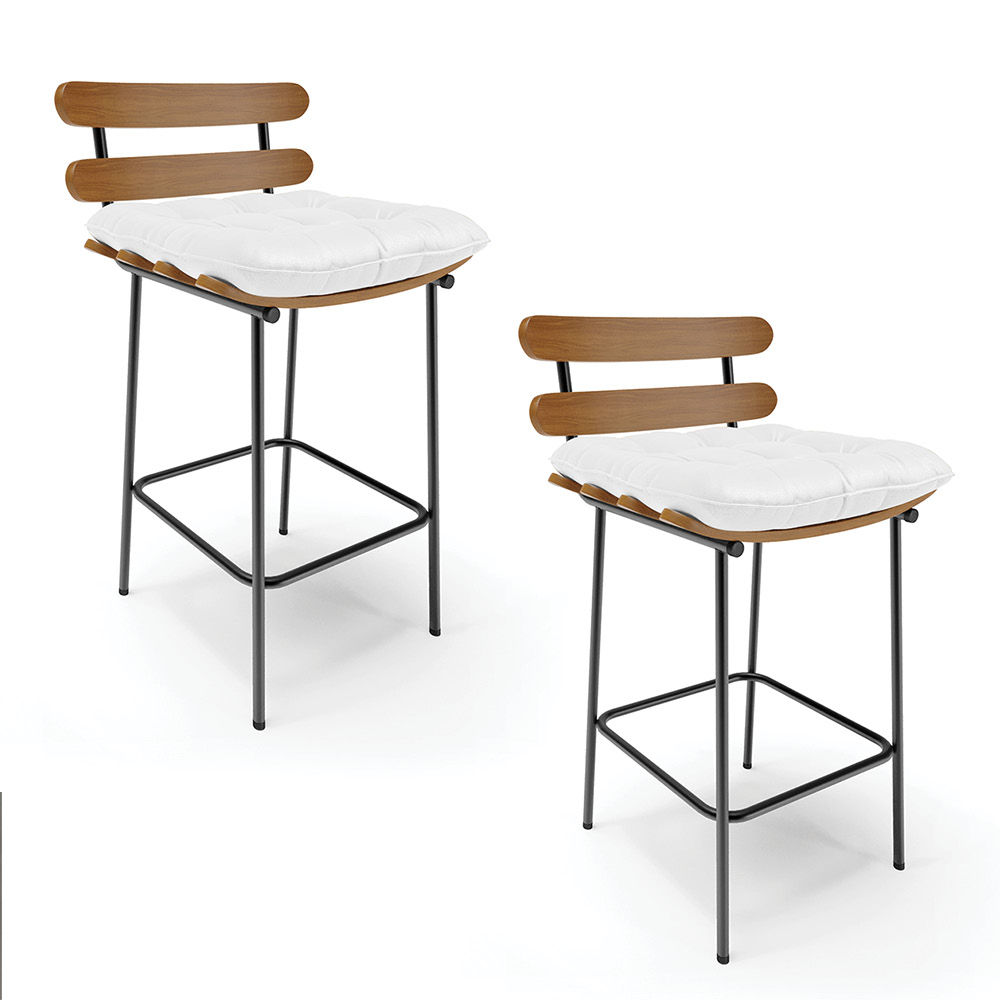Kit 02 Banquetas Costela Corino Branco Base Metálica Preto - D'Rossi
