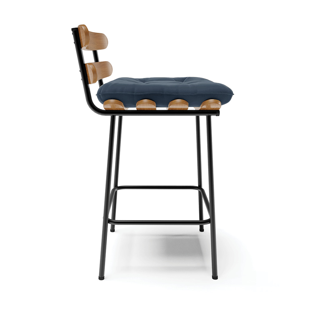 Kit 02 Banquetas Costela Suede Azul Marinho Base Metálica Preto - D'Rossi