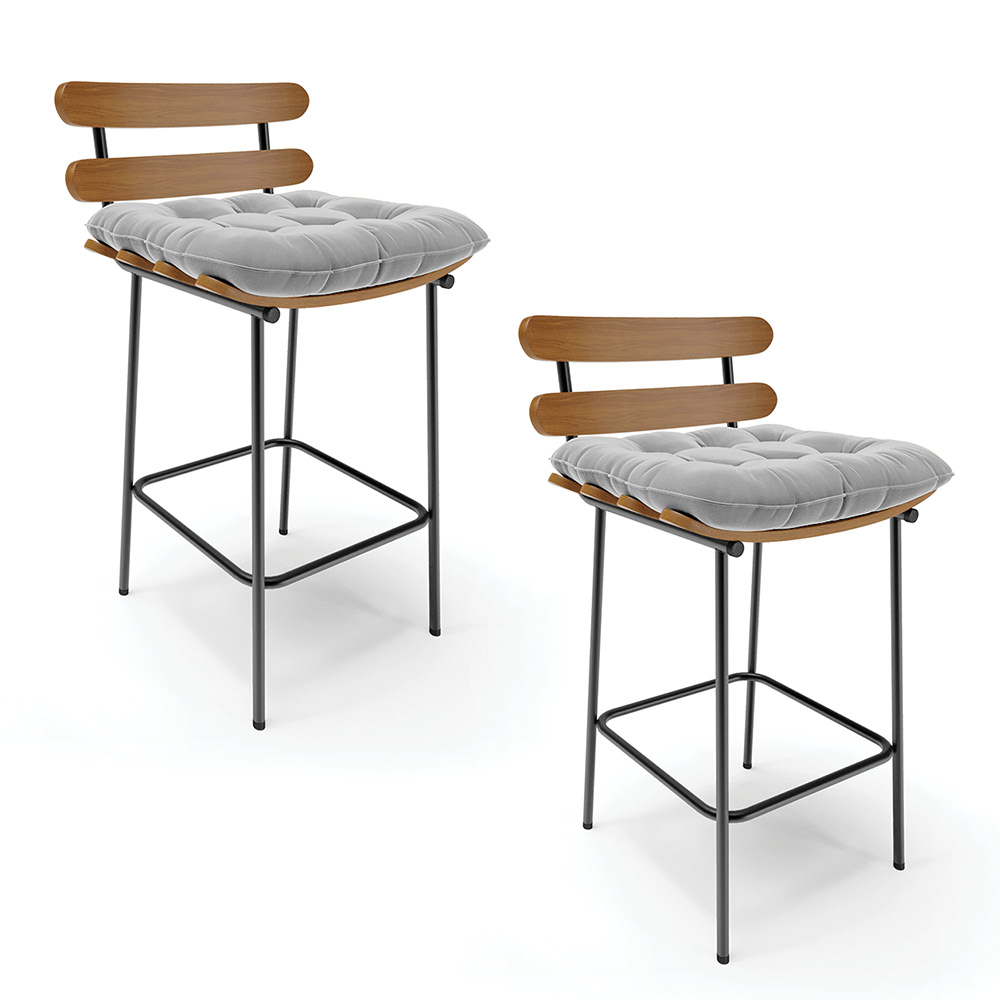 Kit 02 Banquetas Costela Suede Cinza Base Metálica Preto - D'Rossi