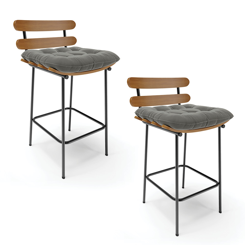 Kit 02 Banquetas Costela Suede Grafite Base Metálica Preto - D'Rossi