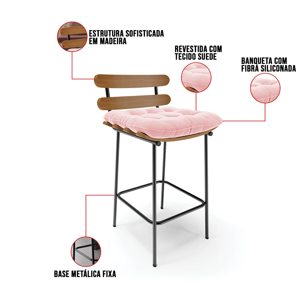 Kit 02 Banquetas Costela Suede Rosa Bebê Base Metálica Preto - D'Rossi