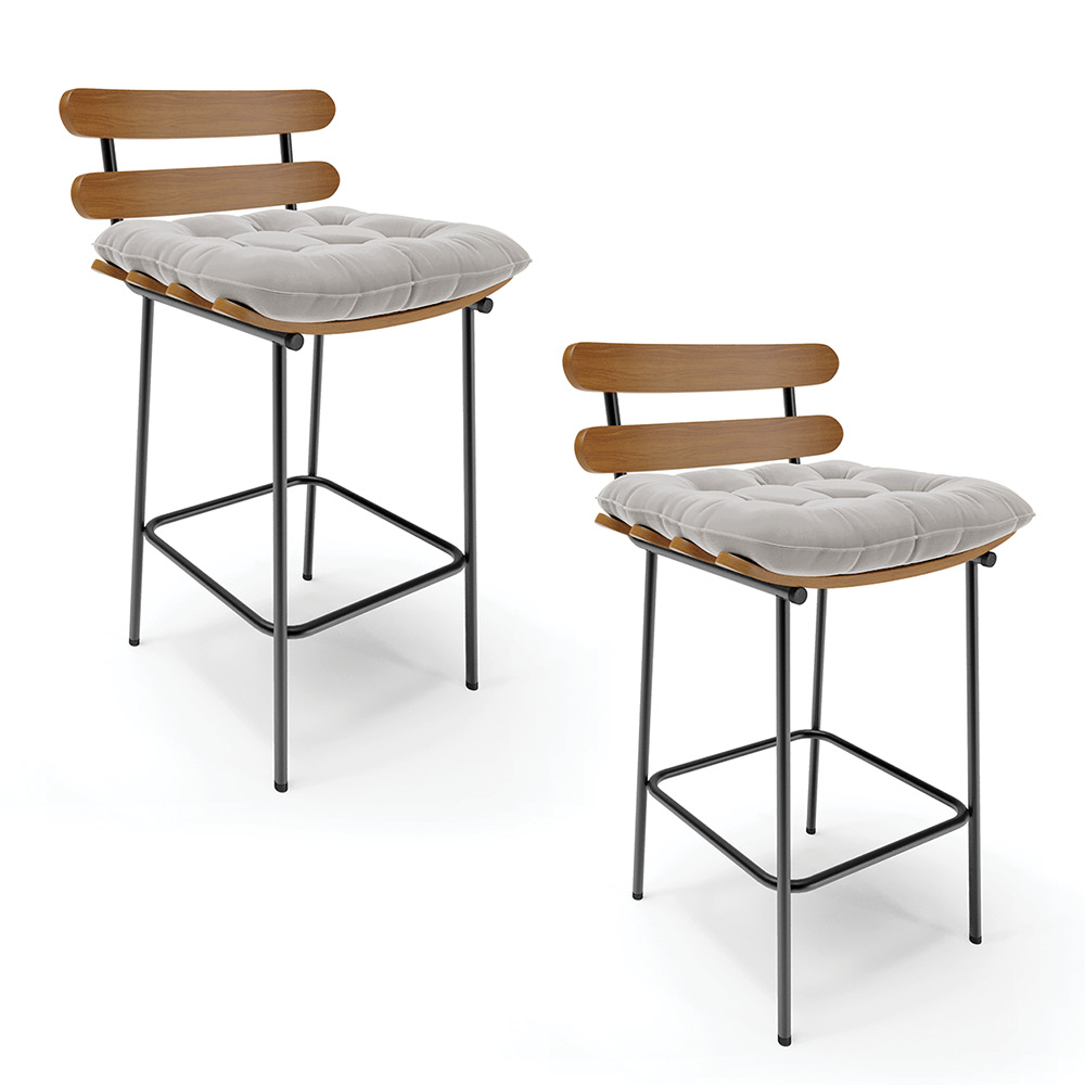 Kit 02 Banquetas Costela Veludo Cinza Base Metálica Preto - D'Rossi
