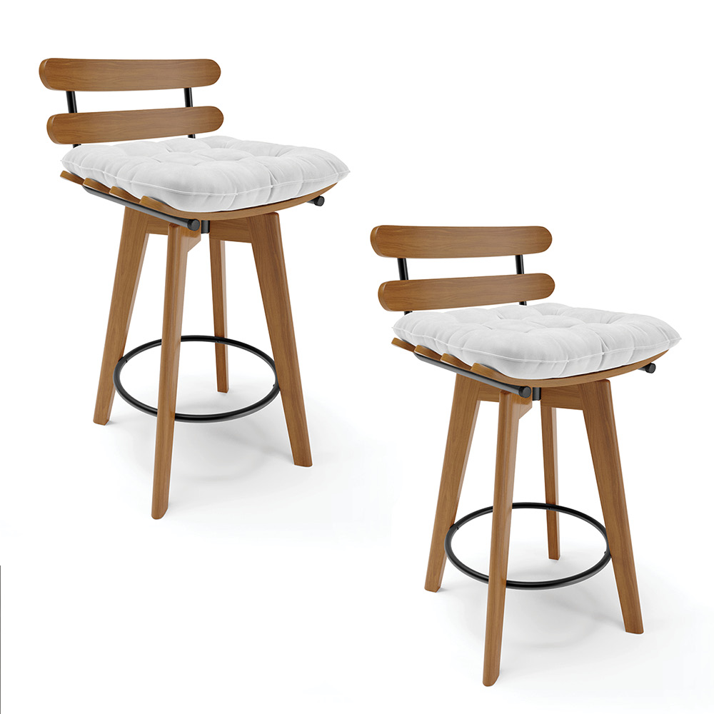 Kit 02 Banquetas Giratória Costela Corano Branco Base Madeira MA70 - D'Rossi