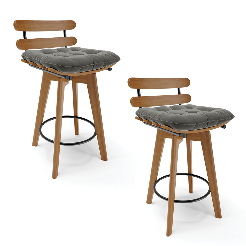 Kit 02 Banquetas Giratória Costela Suede Grafite Base Madeira MA70 - D'Rossi