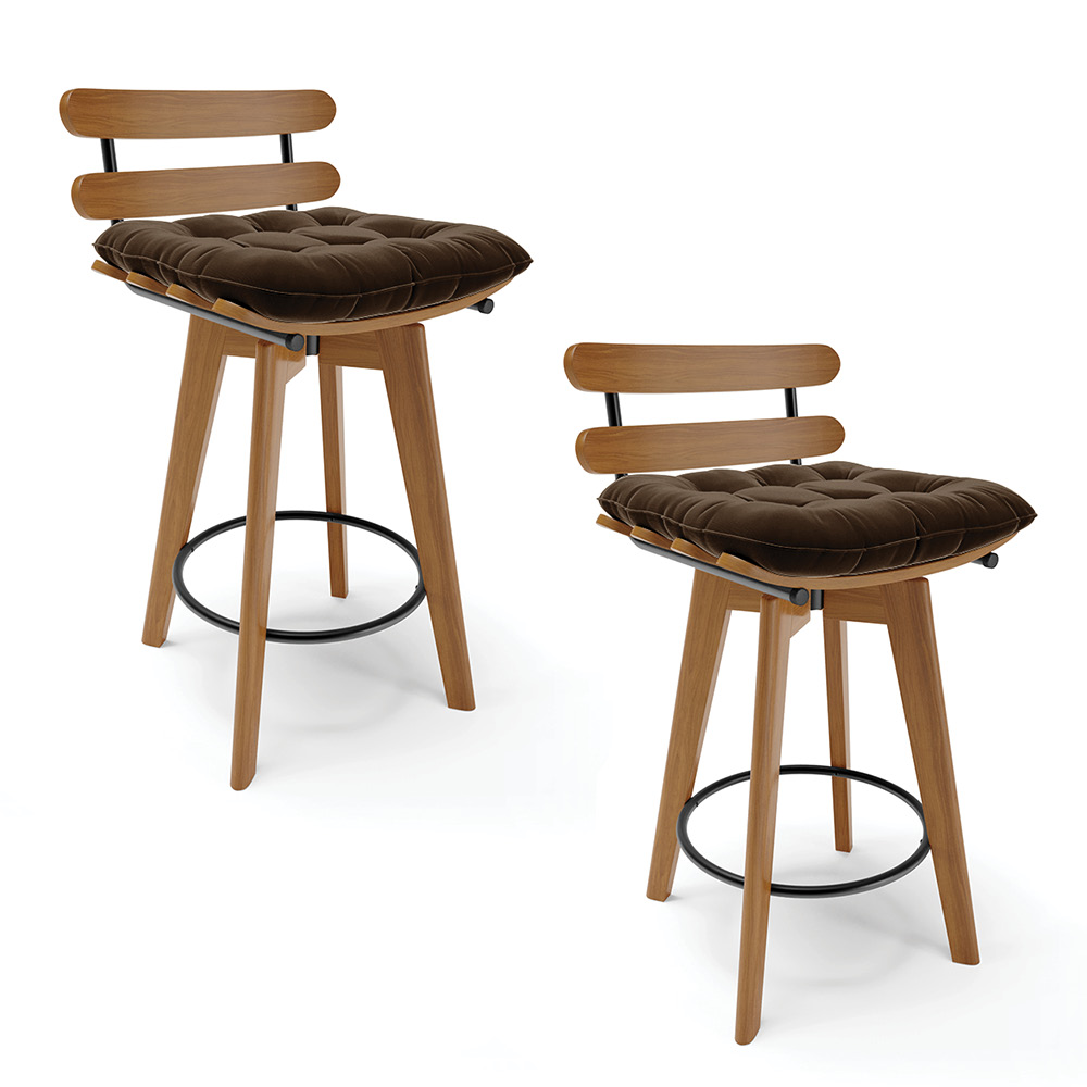 Kit 02 Banquetas Giratória Costela Suede Marrom Base Madeira MA70 - D'Rossi