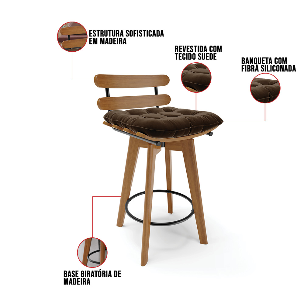 Kit 02 Banquetas Giratória Costela Suede Marrom Base Madeira MA70 - D'Rossi