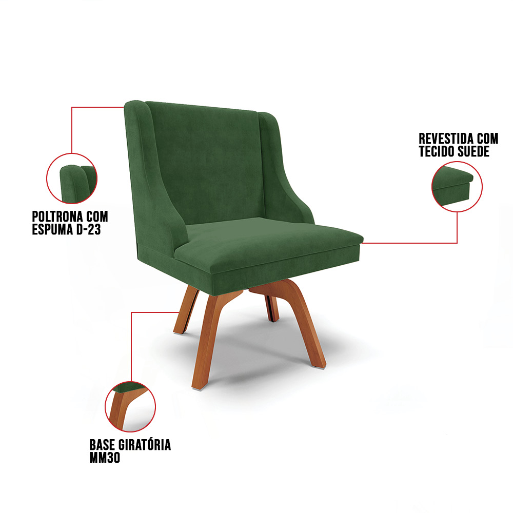 Kit 02 Cadeiras de Jantar Liz Suede Verde Base Giratória de Madeira MM35 - D'Rossi