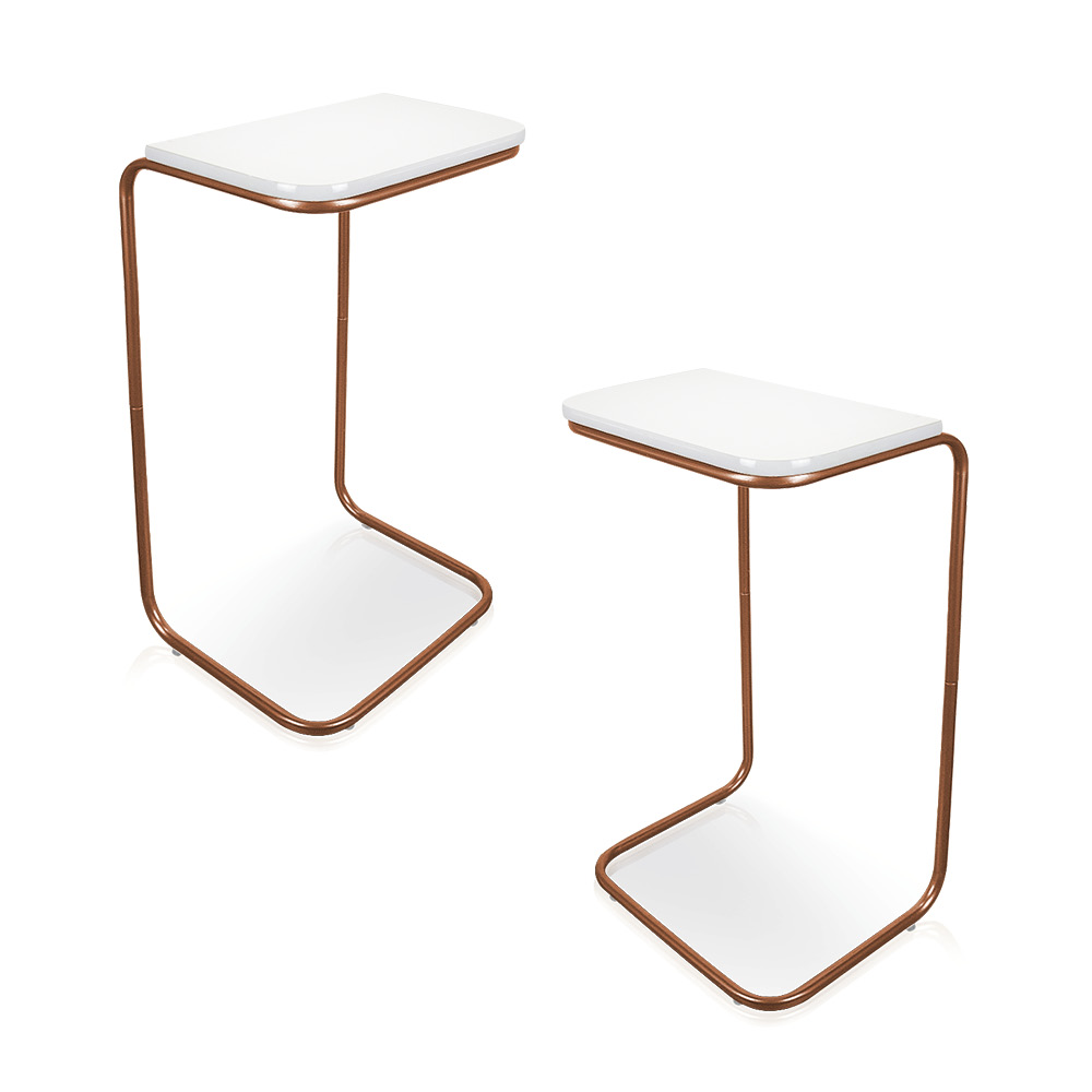 Kit 02 Mesas Lateral Tampo Branco Multiuso para Sofá Base Bronze D'Rossi