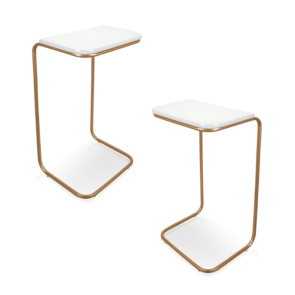 Kit 02 Mesas Lateral Tampo Branco Multiuso para Sofá Base Dourado D'Rossi