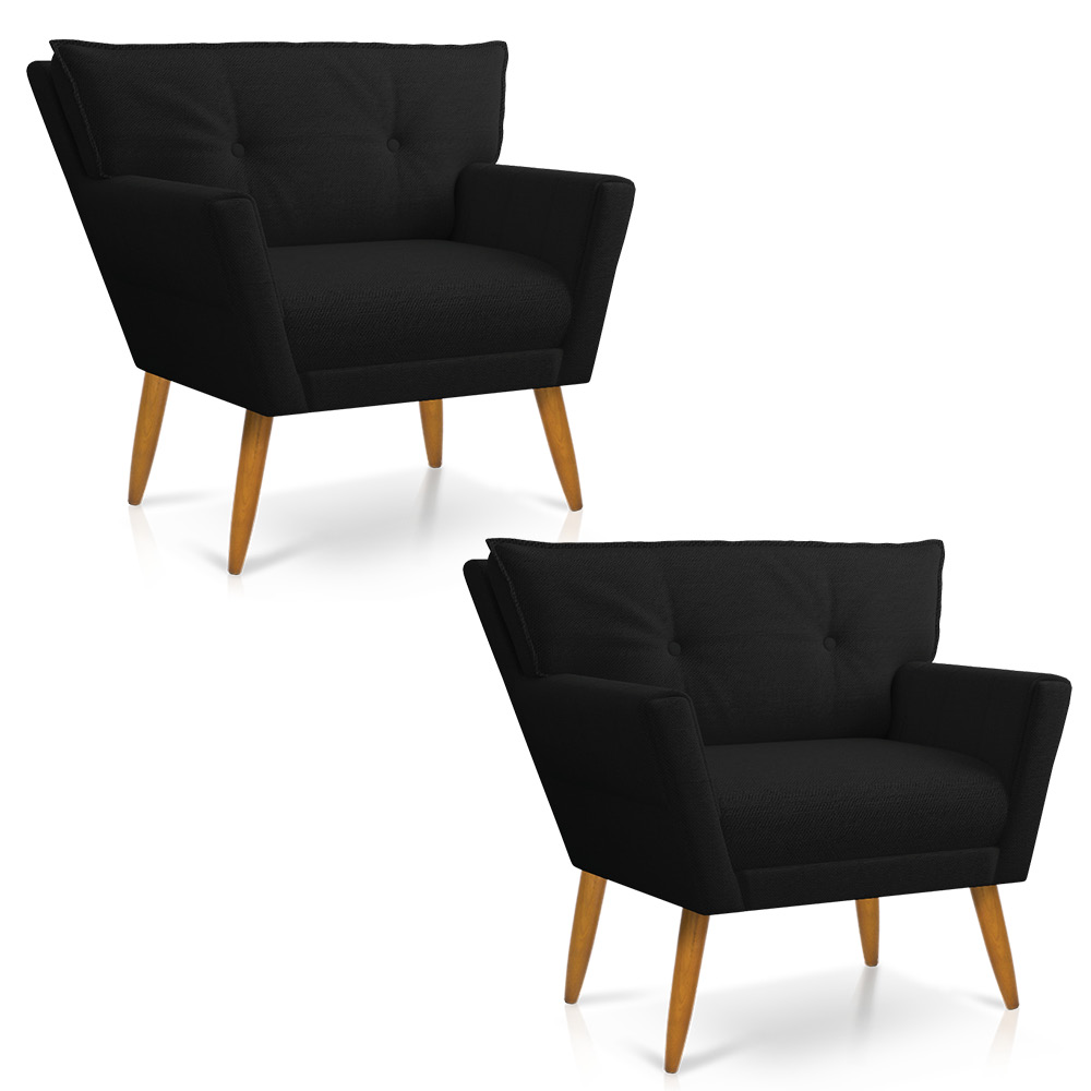 Kit 02 Poltronas Anitta Linho Preto A79 Pés Palito Castanho - D'Rossi