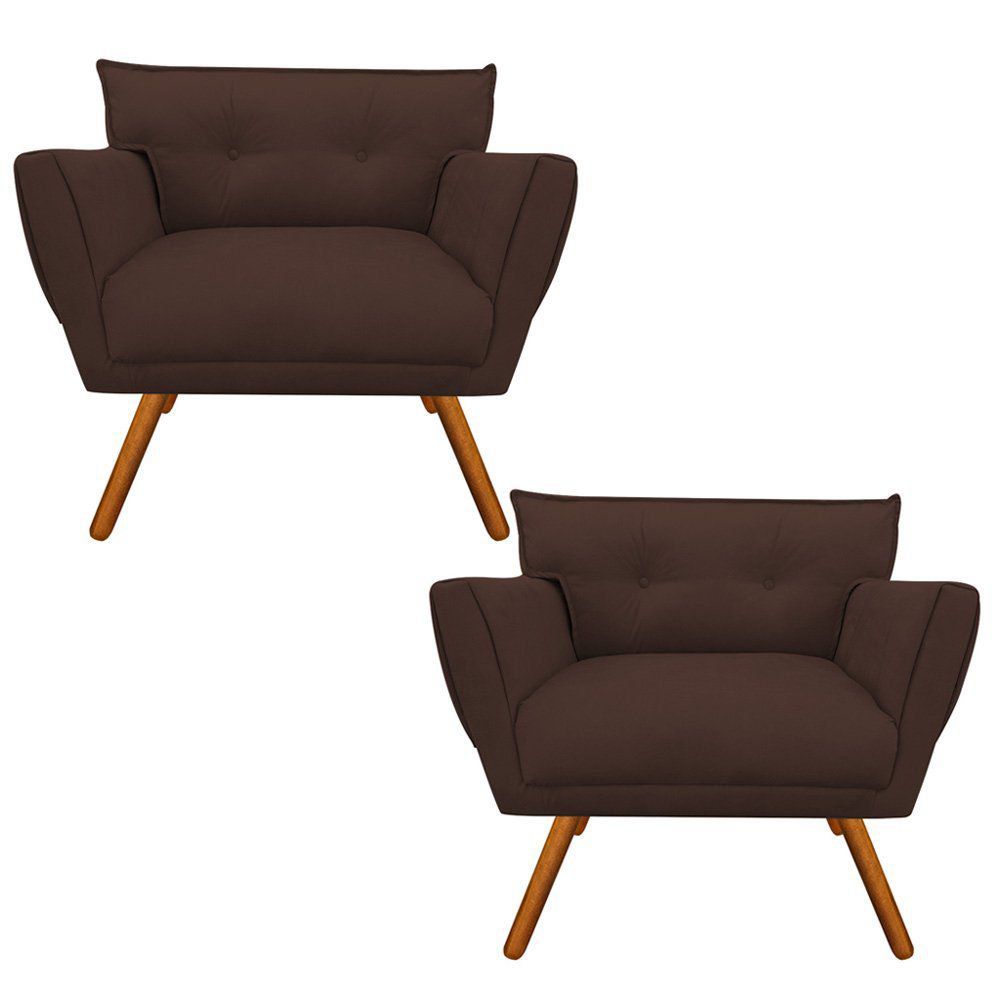 Kit 02 Poltronas Anitta Suede Marrom Pés Palito Castanho D'Rossi