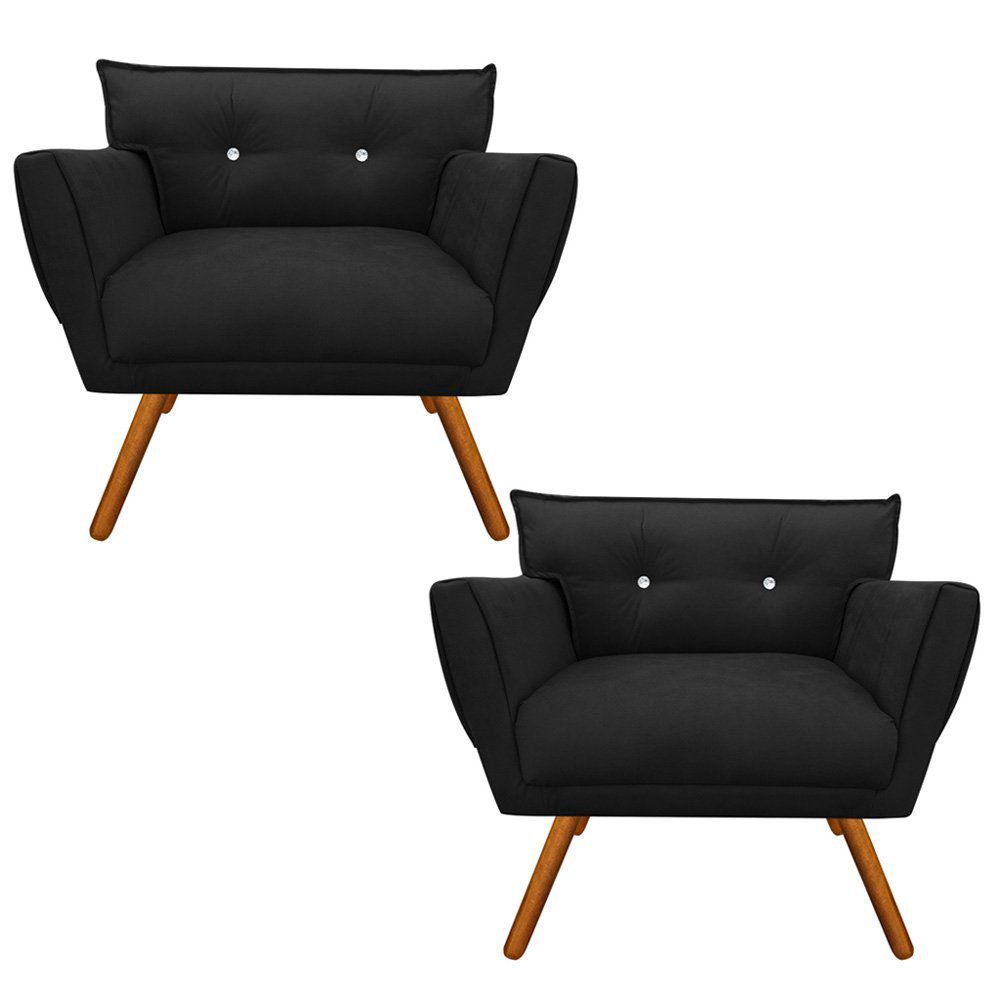 Kit 02 Poltronas Anitta Suede Preto com Strass Pés Palito Castanho D'Rossi