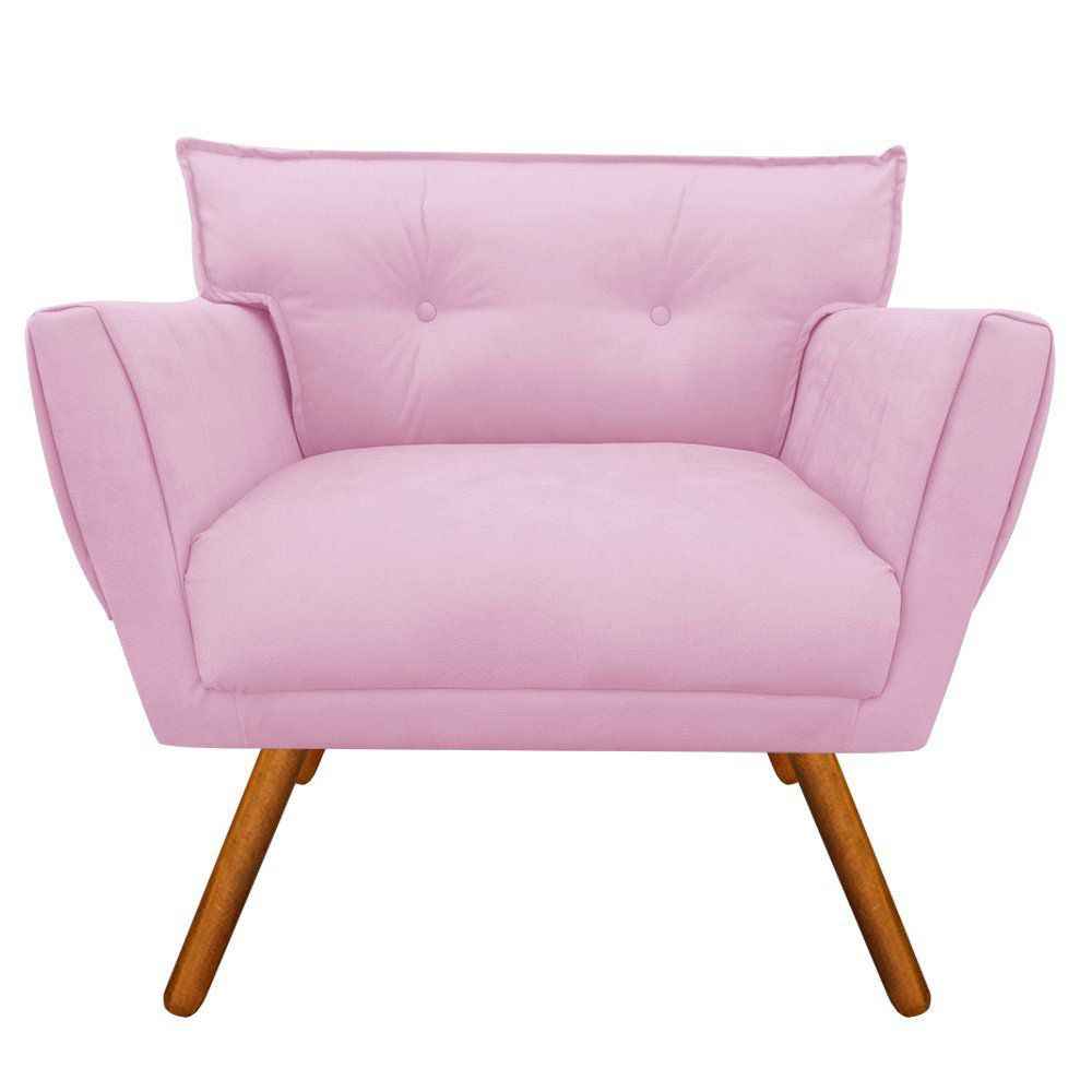 Kit 02 Poltronas Anitta Suede Rosa Bebê Pés Palito Castanho D'Rossi