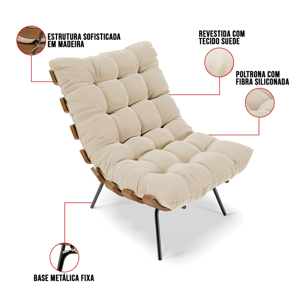 Kit 02 Poltronas Costela Suede Bege Base Metálica Preto - D'Rossi