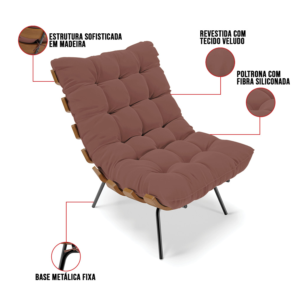 Kit 02 Poltronas Costela Veludo Rosê Base Metálica Preto - D'Rossi