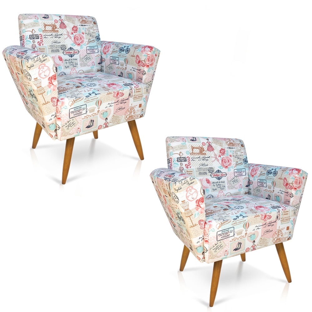 Kit 02 Poltronas Dora Estampado Retrô Rosa D61 Pés Palito Castanho D'Rossi