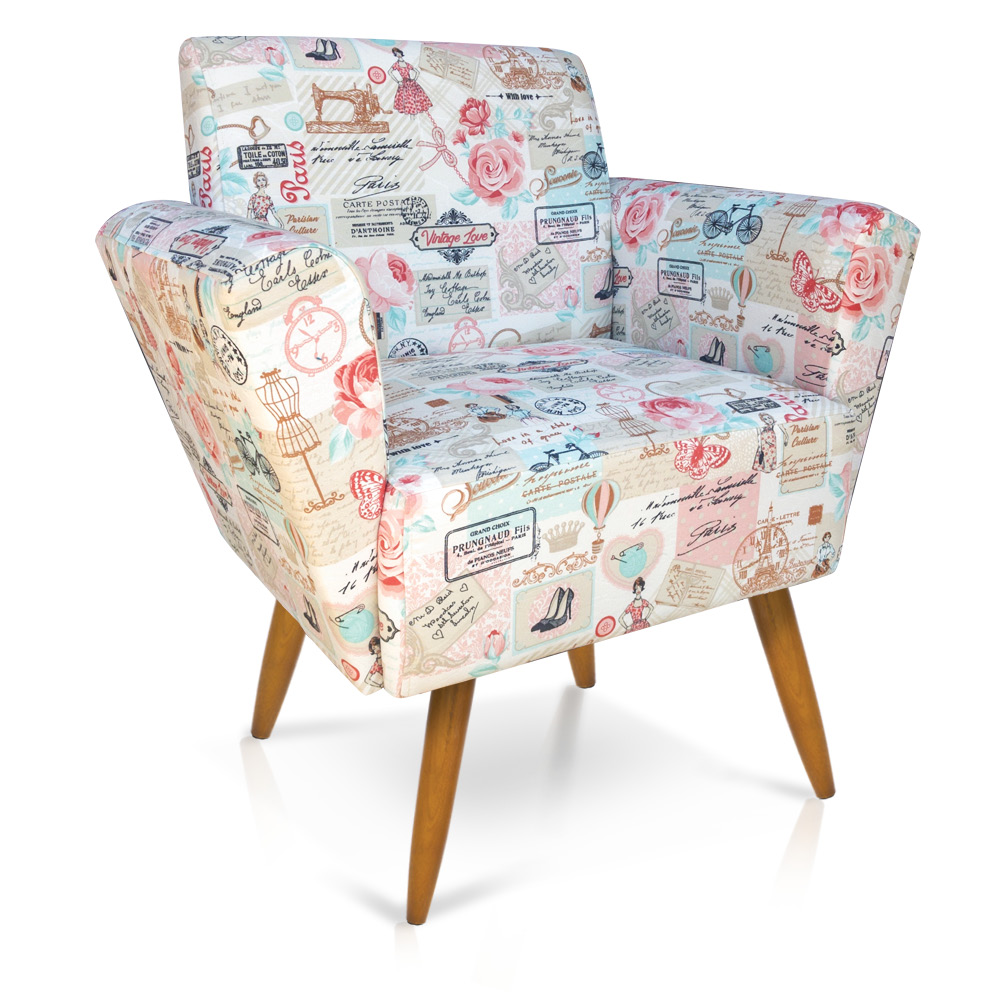 Kit 02 Poltronas Dora Estampado Retrô Rosa D61 Pés Palito Castanho D'Rossi