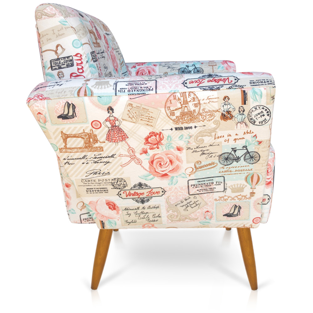 Kit 02 Poltronas Dora Estampado Retrô Rosa D61 Pés Palito Castanho D'Rossi