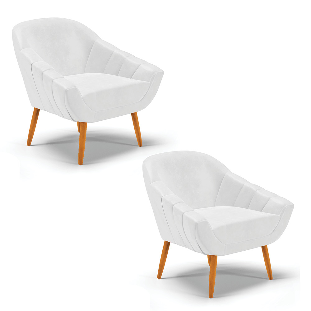 Kit 02 Poltronas Giovana Corano Branco Pés Palito Castanho - D'Rossi