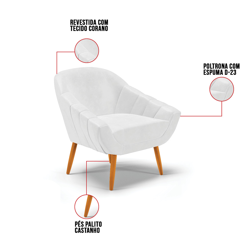 Kit 02 Poltronas Giovana Corano Branco Pés Palito Castanho - D'Rossi