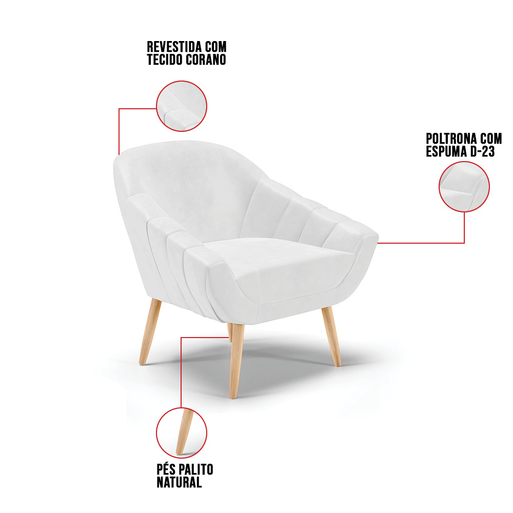 Kit 02 Poltronas Giovana Corano Branco Pés Palito Natural - D'Rossi