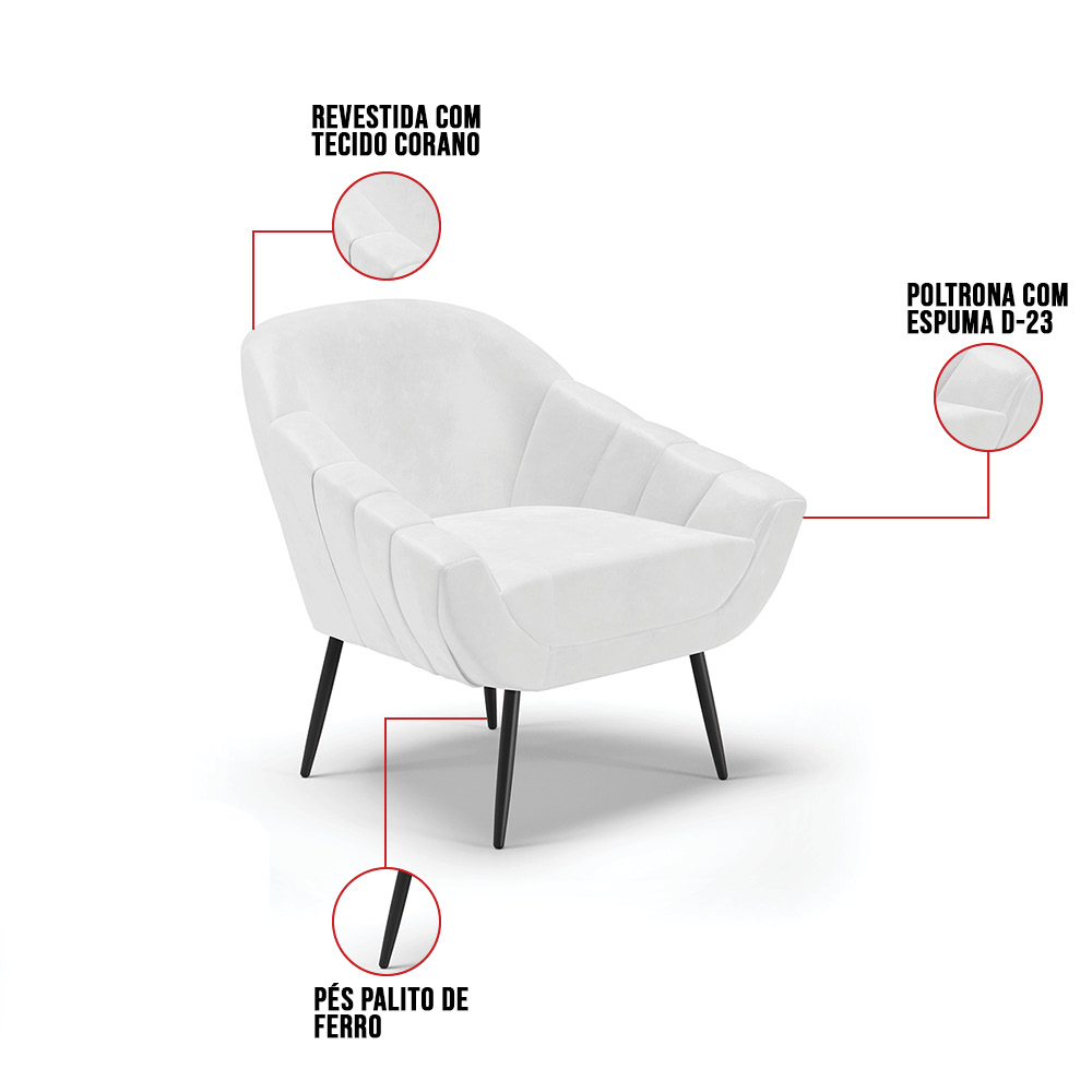 Kit 02 Poltronas Giovana Corano Branco Pés Palito de Ferro - D'Rossi