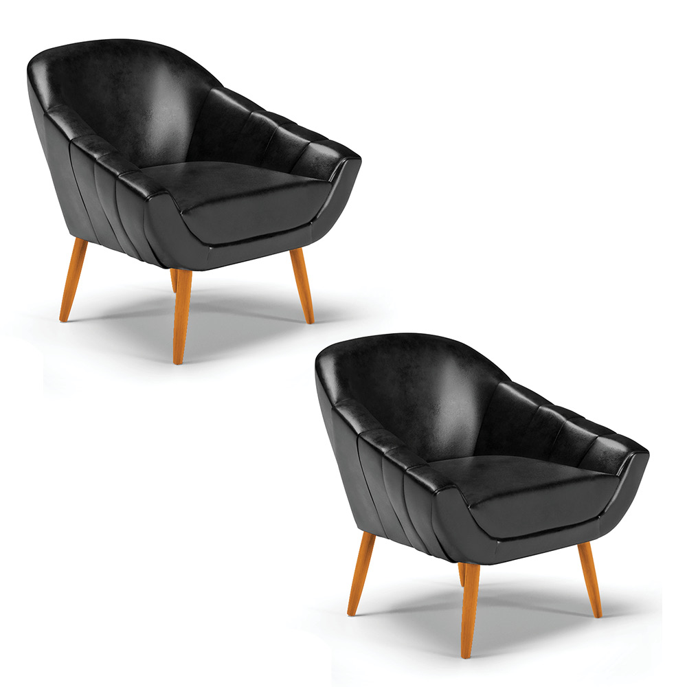 Kit 02 Poltronas Giovana Corano Preto Pés Palito Castanho - D'Rossi