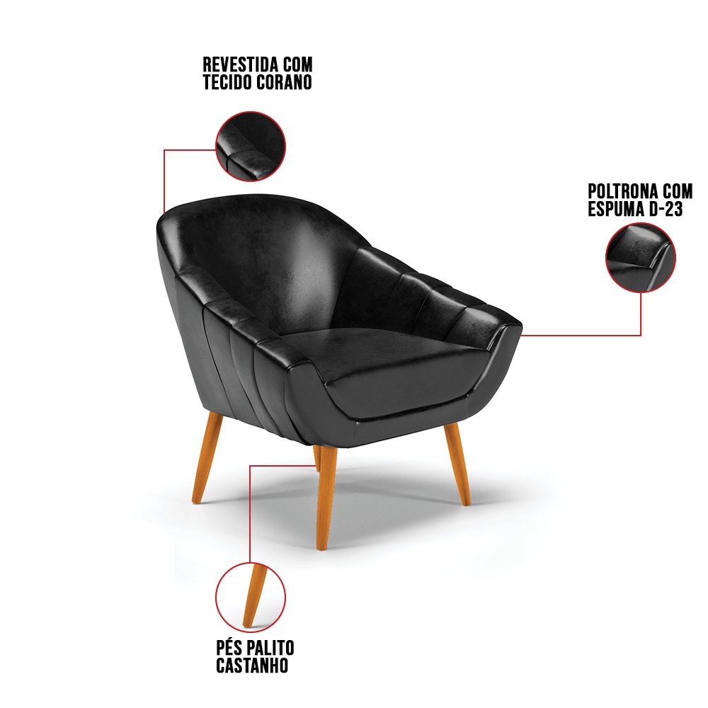 Kit 02 Poltronas Giovana Corano Preto Pés Palito Castanho - D'Rossi