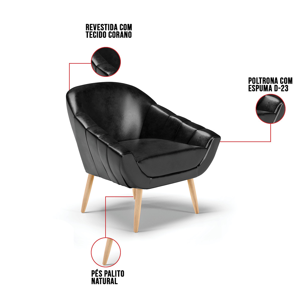 Kit 02 Poltronas Giovana Corano Preto Pés Palito Natural - D'Rossi