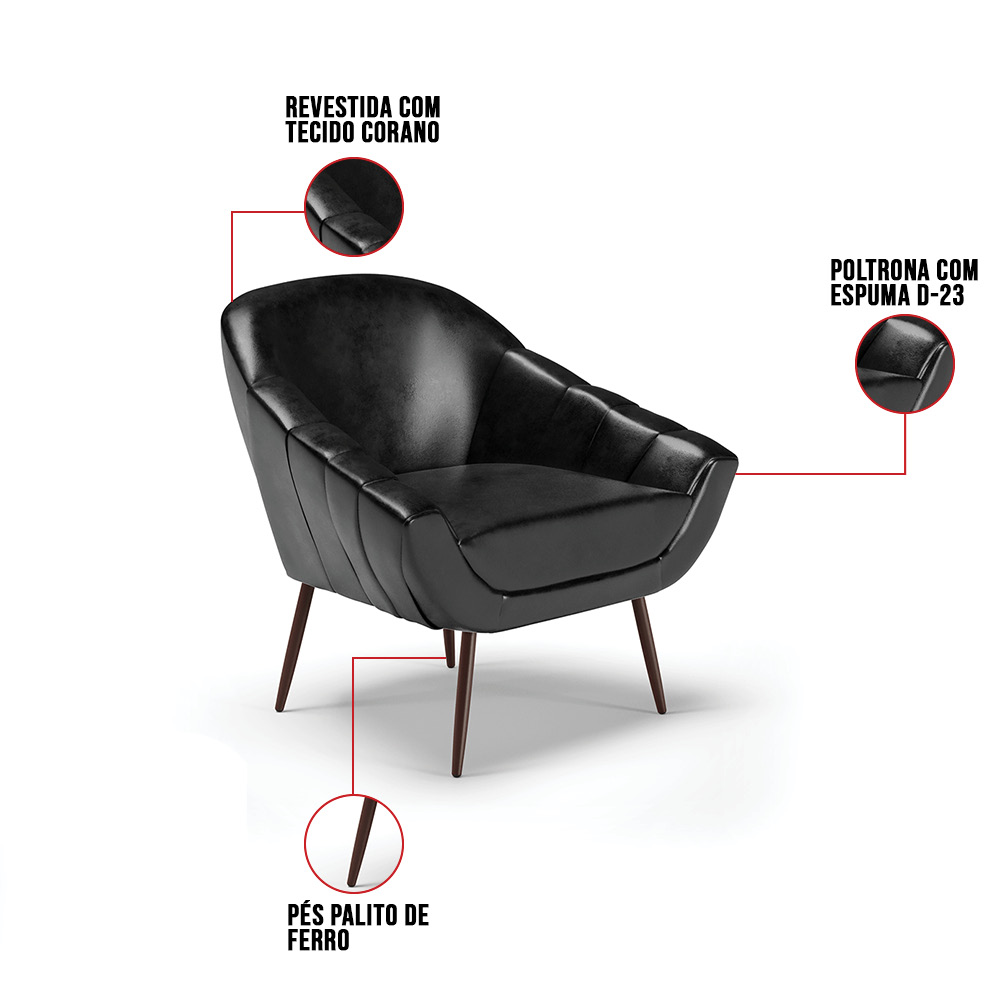 Kit 02 Poltronas Giovana Corano Preto Pés Palito de Ferro - D'Rossi