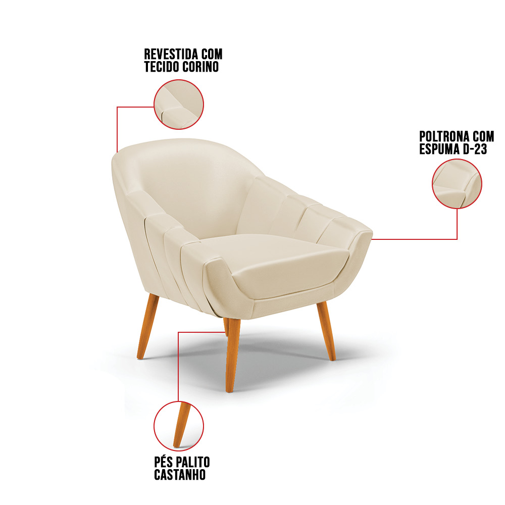 Kit 02 Poltronas Giovana Corino Bege Pés Palito Castanho - D'Rossi