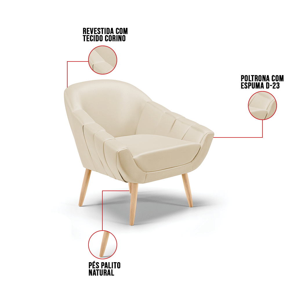 Kit 02 Poltronas Giovana Corino Bege Pés Palito Natural - D'Rossi