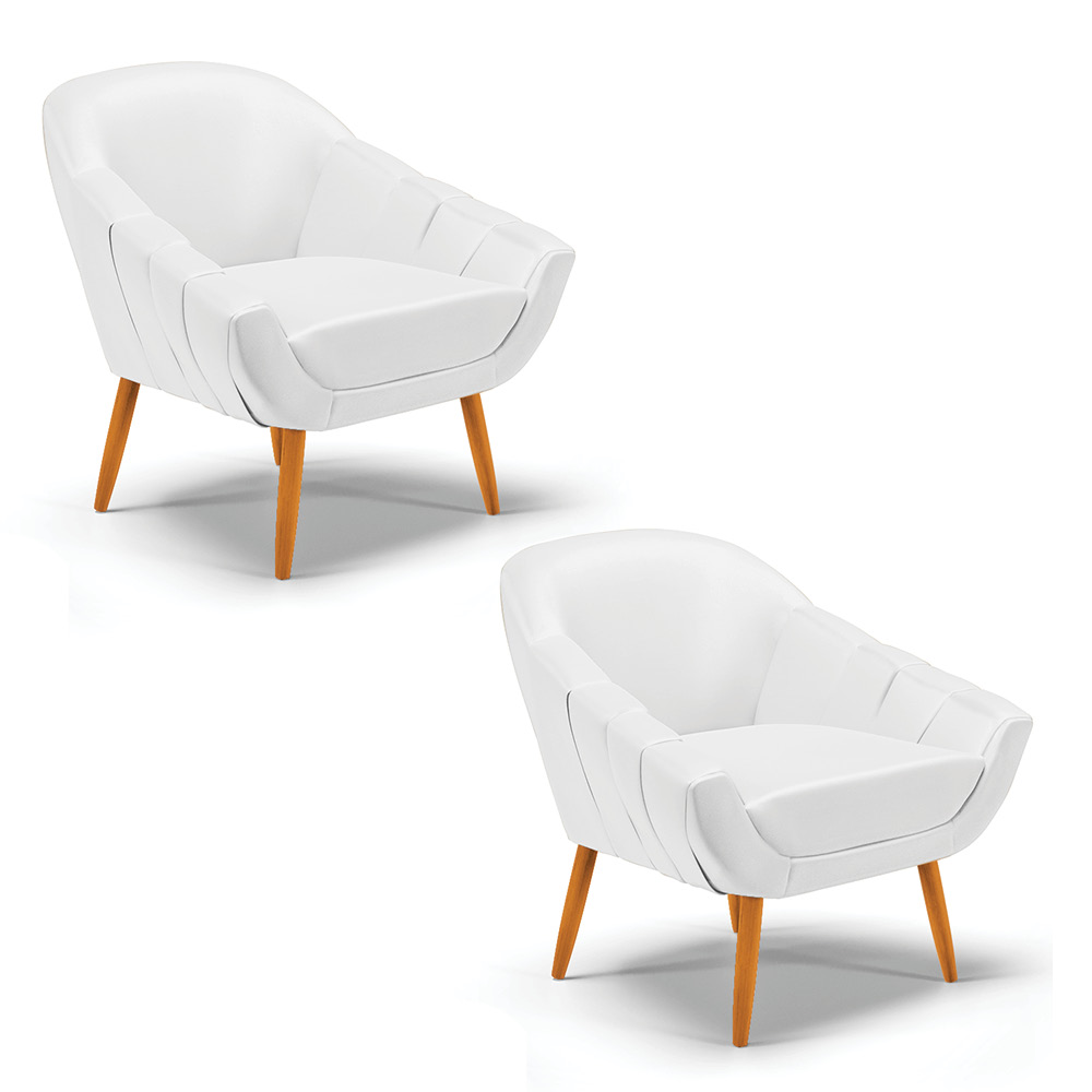 Kit 02 Poltronas Giovana Corino Branco Pés Palito Castanho - D'Rossi