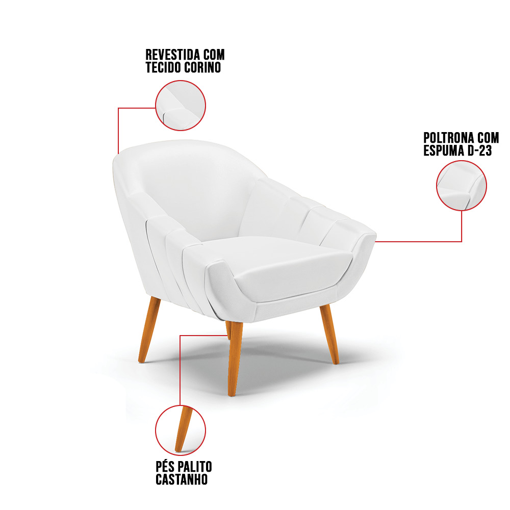 Kit 02 Poltronas Giovana Corino Branco Pés Palito Castanho - D'Rossi