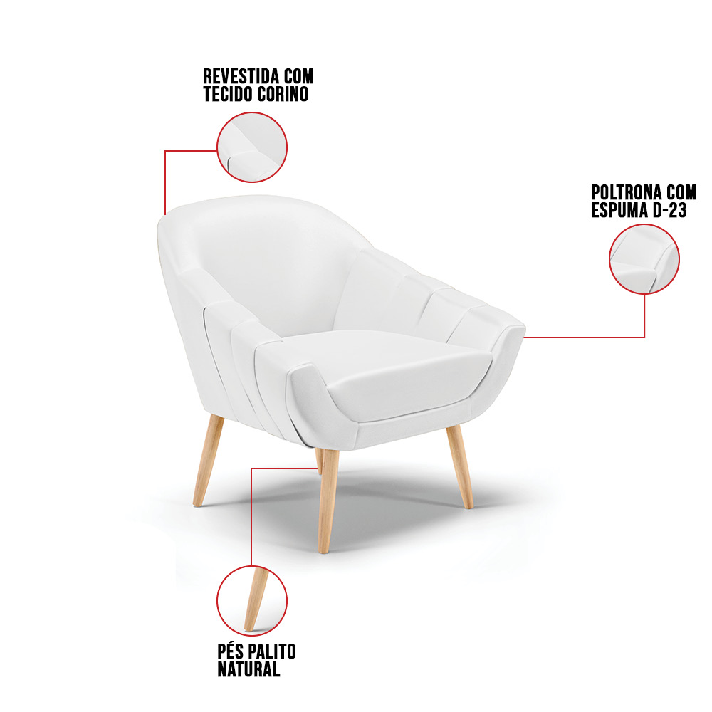 Kit 02 Poltronas Giovana Corino Branco Pés Palito Natural - D'Rossi
