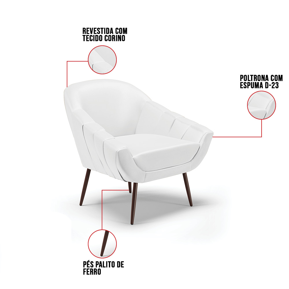 Kit 02 Poltronas Giovana Corino Branco Pés Palito de Ferro - D'Rossi